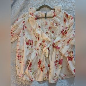 Anthropologie Floral Ruffle Blouse - Cream and Pink